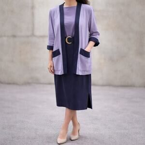 Vintage 80s Women's Medium BGB Rayon Dress Jacket Set Navy Lavender Belted